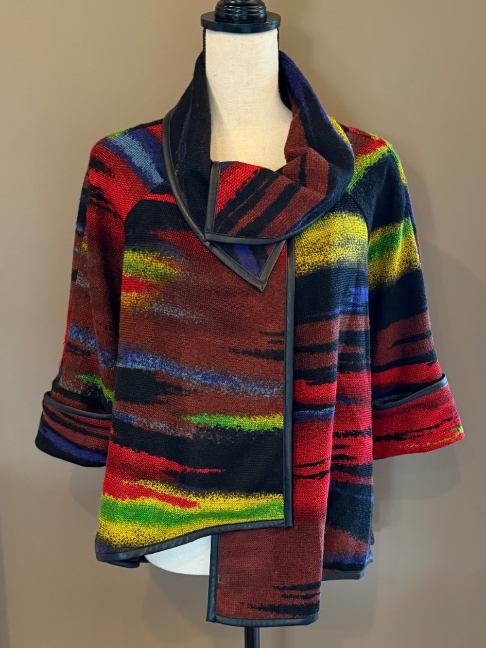 Joseph Ribkoff Multi-color Asymmetrical faux leather trim Jacket, Size 10
